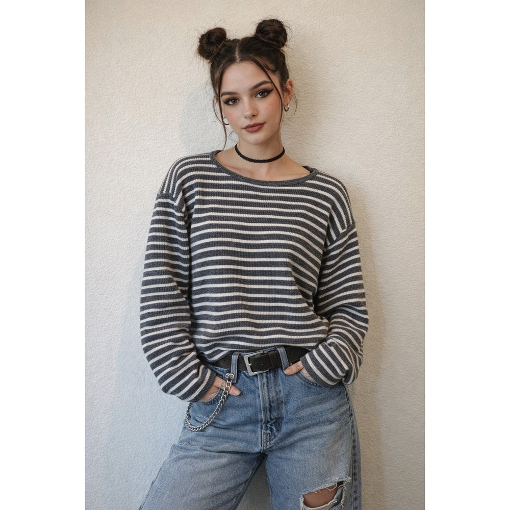 VTG 90's B.U.M. Equipment Top Long Sleeve Sz M Grey White Stripe Vintage Tag